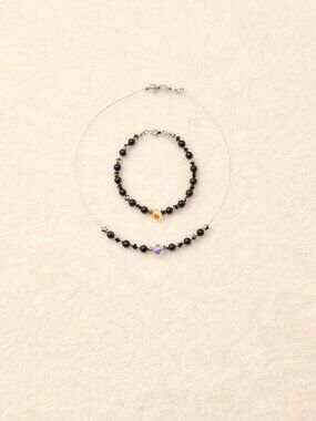 Obsidian Necklace & Bracelet Set with Silver Star Accents – Adjustable